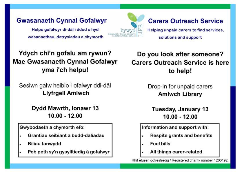 Amlwch

Sesiwn galw heibio ar gyfer gofalwyr di-dal.

Drop-in session for unpaid carers.