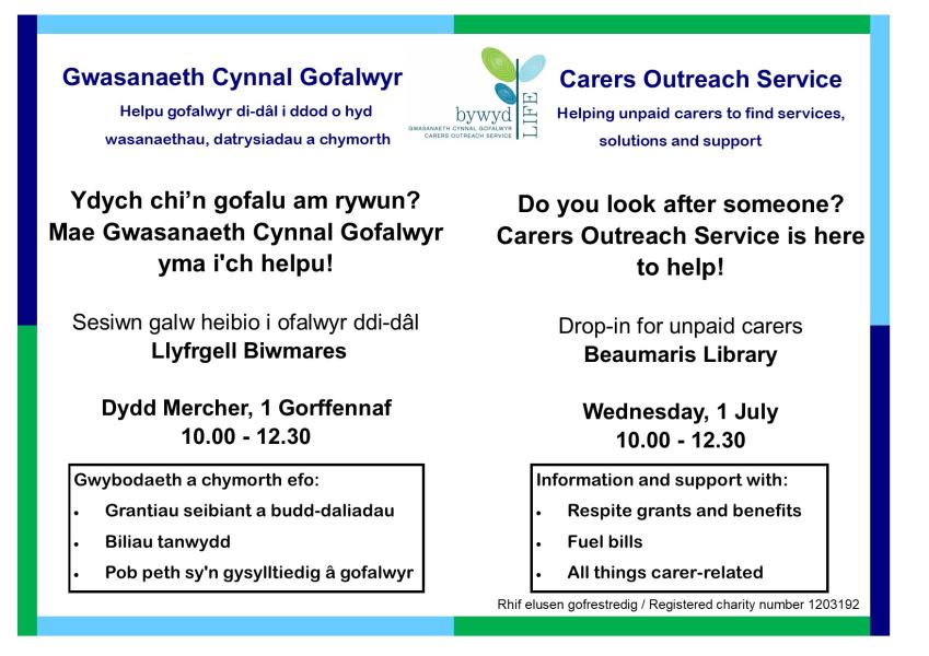 Biwmares / Beaumaris

Sesiwn galw heibio i ofalwyr di-dal.

Drop-in session for unpaid carers.